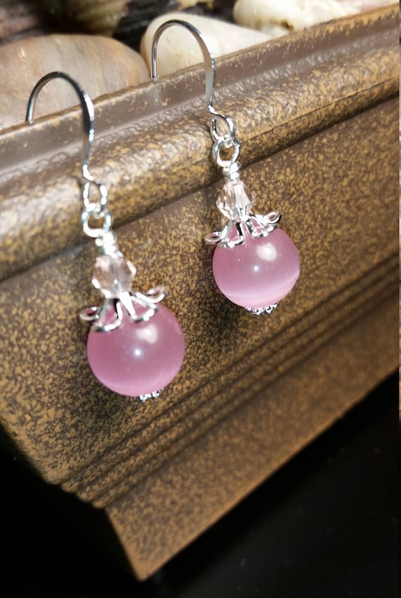 Pink Glass Bead and Light Pink Crystal Glass Drop Dangle Silver Wire Earrings