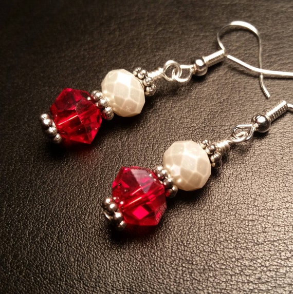Red glass bead faux white pearl wire drop dangle wrapped earring