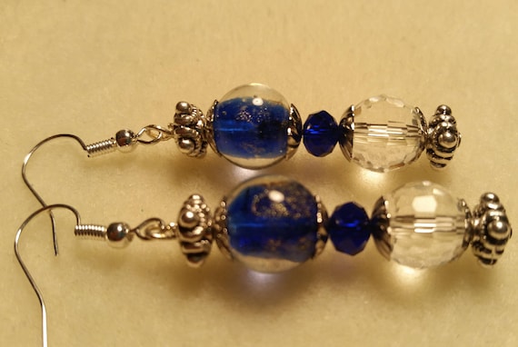 Royal Blue and Crystal Clear Dangle Earrings