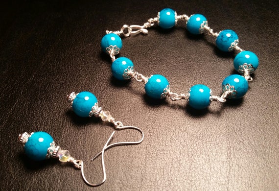 Blue and Silver Bracelet Set silver wire drop dangle earrings