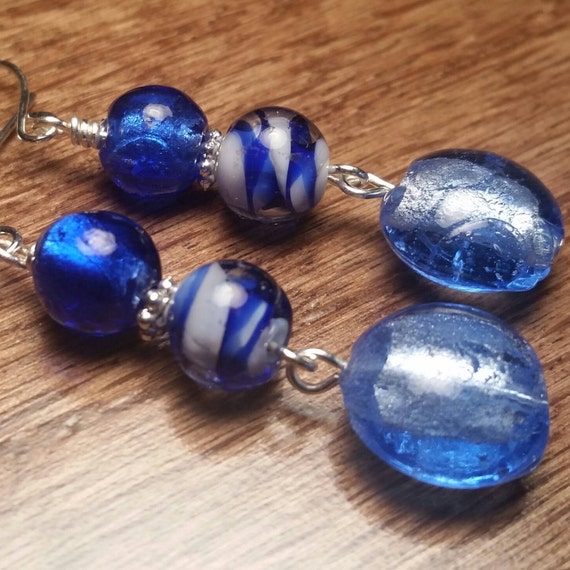 Blue with Blue and White swirling Glass Bead Drop Dangle Silver Wire Handmade Earrings
