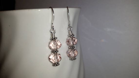 Light Pink Crystal Glass Bead Drop Dangle Silver Earrings