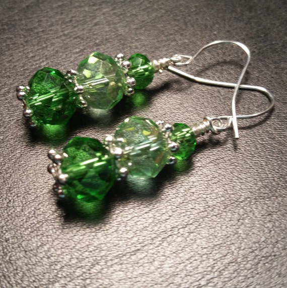 Green Crystal Glass Bead Drop Silver Plated Wire Handmade Dangle Earrings