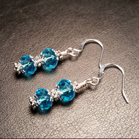 Light Blue Crystal Glass Bead Wire Drop Dangle Earrings