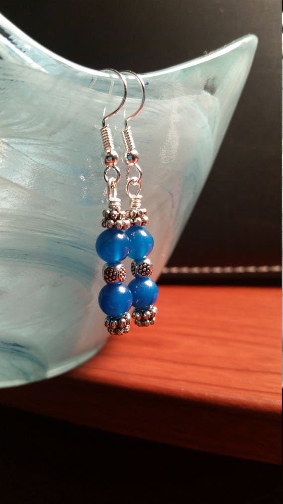 Blue and Silver Drop Dangle Wire Earrings