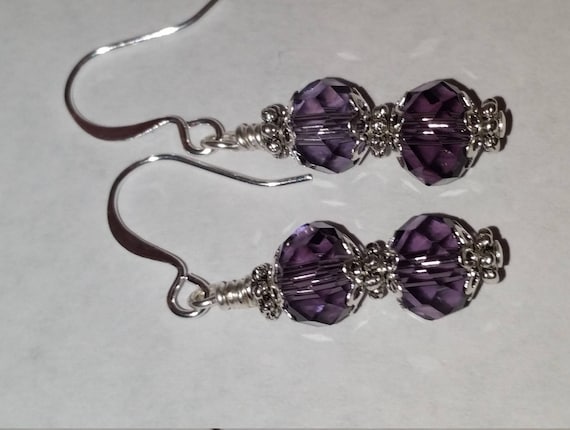 Purple Crystal Glass Bead Drop Dangle Silver Earrings