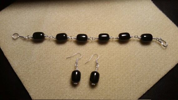 Black Agate 8in Bracelet and Earrings