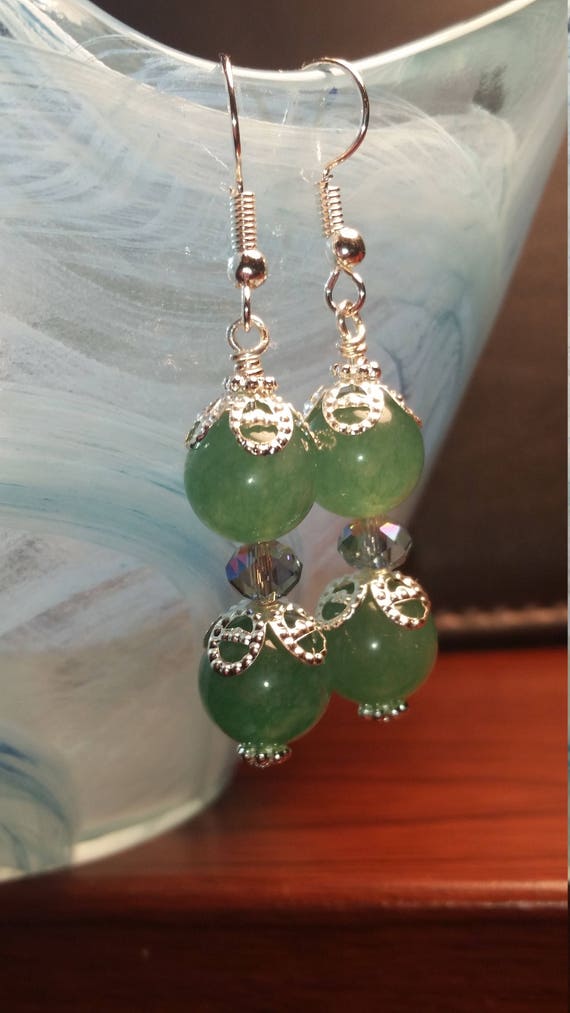 Green glass bead with crystal sparkle drop dangle silver wire Earrings