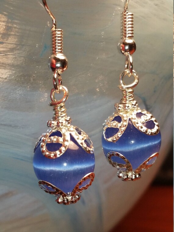 Blue glass bead drop dangle earrings