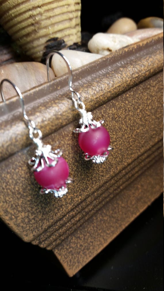 Pink Natural Stone Drop Dangle Silver Wire Earrings