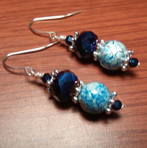 Navy Blue AB Rainbow Crystals with Blue Swirly Glass Bead Drop Dangle Handmade Silver Plated Wire Earrings