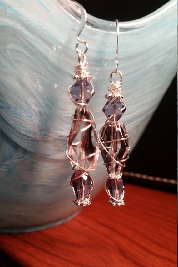 Purple Glass Bead Wire Wrapped Drop Dangle Silver Earring