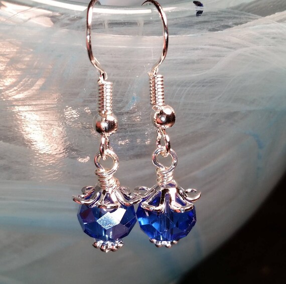 Blue Crystal Rondelle Drop Dangle Silver Wire Earrings