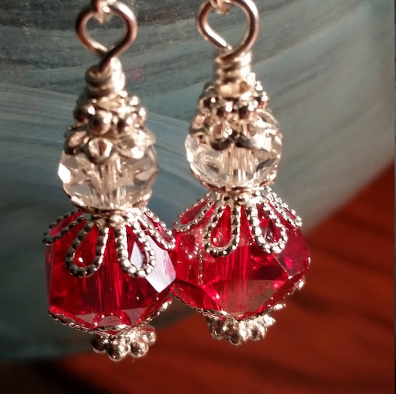 Red Sparkling Dangle Crystal Glass Drop Wire Earrings