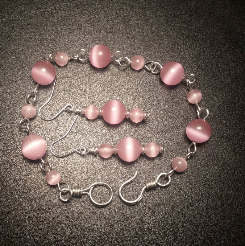 Pink Cat Eye Glass Bead Bracelet and Drop Dangle Pink Earrings