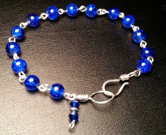 Blue Glass Bead Wire Linked Silver Bracelet