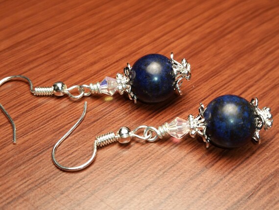 Navy Blue Denim Gemstone AB Crystal Silver Plated Capped Handmade Drop Dangle Wire Earrings