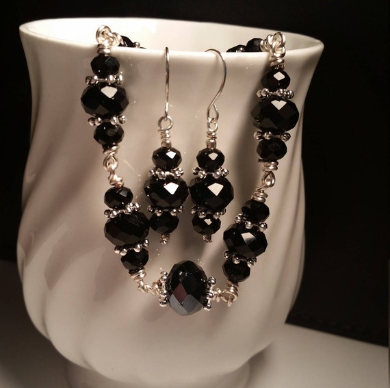 Black Glass Bead Silver Plated Wire Bracelet and Earring Set Drop Dangle Handmade