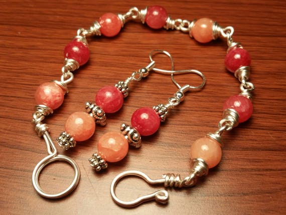 Red Quartzite Bracelet and Earrings Set Dangle Drop Natural Gemstones