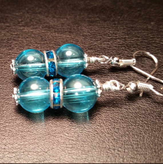 Light Blue Glass Silver Plated Wire Drop Dangle Handmade Earrings