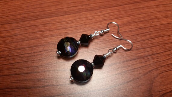 Black Glass Bead Drop Dangle AB multi center Silver Wire Earrings