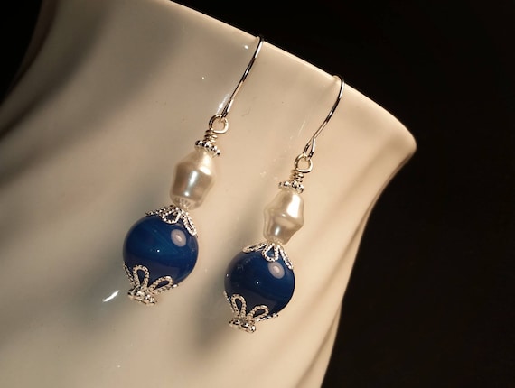 Blue Agate Silver Capped White Glass Rice Pearl Drop Dangle Handmade Silver Plated Wire