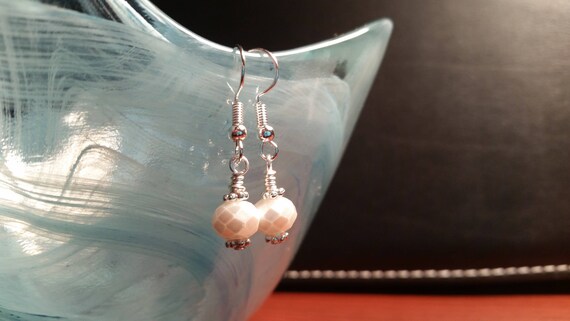 White Faux Pearl Faucted Drop Dangle Wire Earrings