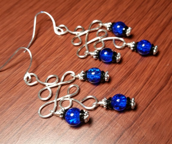Blue and Black Crackle Glass Chandelier Drop Dangle Silver Earrings