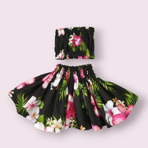 Hula Skirt,Hawaiian Hula Pa'u Skirt Outfit, Aloha dance costume outfit,toddler Baby dress hula skirt, birthday Outfit black hibiscus floral