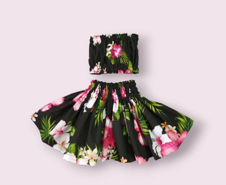 Hula Skirt,Hawaiian Hula Pa'u Skirt Outfit, Aloha dance costume outfit,toddler Baby dress hula skirt, birthday Outfit black hibiscus floral
