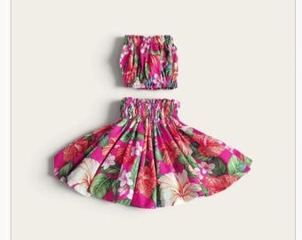 Hawaiiansk blommig hula-dans för barn, pa'u-kjol - födelsedagspresent till flickor - kostym för Vaiana - skolhuladans - babypresent - kjol rosa hibiskus