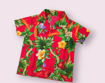 Hawaiian kids boys toddler short sleeve button up polo shirts floral red tropical Hawaiian luau shirts