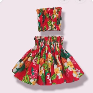 Hawaiian red plumeria hula pa&#39;u girls kids skirt/Tropical Hawaiian hula pa&#39;u 2 piece set gilrs/baby toddler Hawaiian dress skirt/ luau skirt