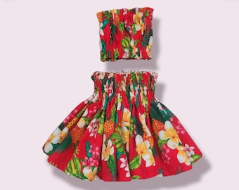 Hawaiian red plumeria hula pa&#39;u girls kids skirt/Tropical Hawaiian hula pa&#39;u 2 piece set gilrs/baby toddler Hawaiian dress skirt/ luau skirt