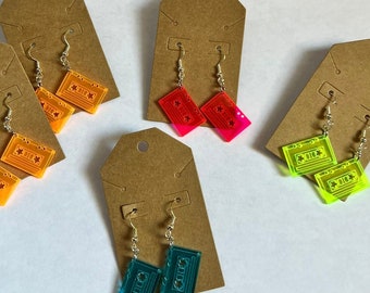 Mini neon cassette tape earrings, cassette earrings, neon earrings, jewelry, handmade jewelry, repurposed jewelry, cassette tapes, fun, 90s
