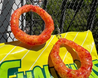 Real funyuns earrings, flamin hot funyuns, resin dried food, jewelry, handmade jewelry, snack, fun earrings, whimsy, weird earrings, onion