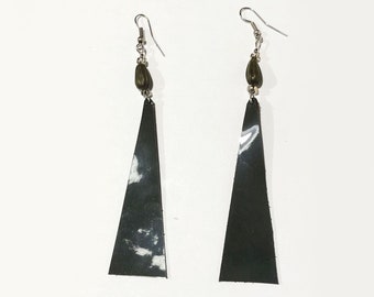 Long Steel-Grey Patent Leather Earrings