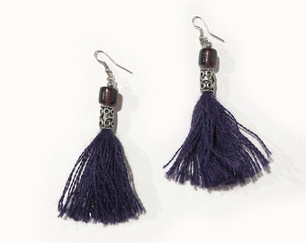 Purple Boho Merino Wool Tassel Earrings