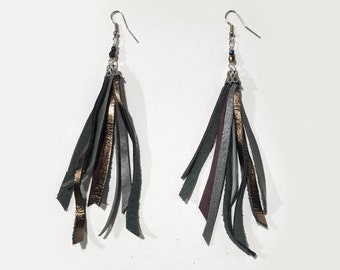 Mixed Leather Fringe Long Tassel Earrings