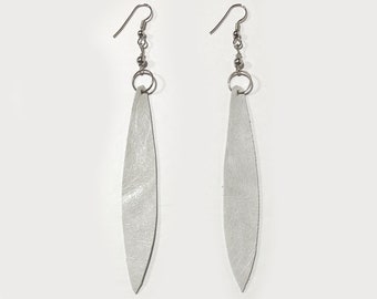 Silvery-White Extra-Long Leather Earrings