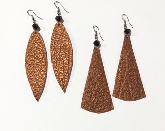 Metallic Copper Leather Earrings - Your Choice 2 Shapes