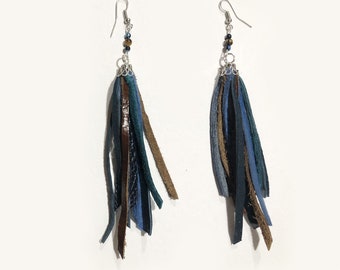 Mixed Leather Fringe Long Tassel Earrings