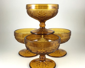 Indiana Glass Tiara Amber Sandwich Footed Dessert Cup Bowl Sorbets - Ensemble de 4