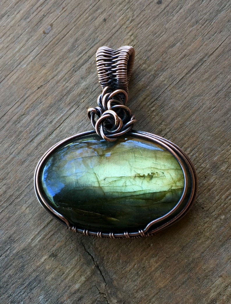 Labradorite Pendant Wrapped in Oxidized Copper Wire FREE SHIPPING