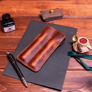 Double Fountain Pen Sleeve in Brown Waxy Leather.  Leather pen case, personalized gift, pen holder.