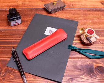 Red Italian Leather Fountain Pen Sleeve, Single Pen Case
