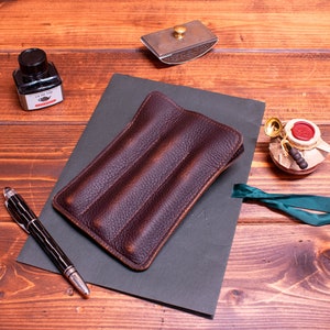 Triple Pen Sleeve in Brown Adventure leather, Brown Pigskin and Brown Stitching