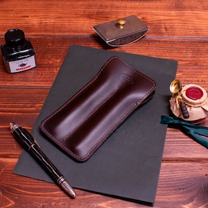 Double Fountain Pen Sleeve in Brown Italian Leather.  Leather pen case, personalized gift, pen holder.