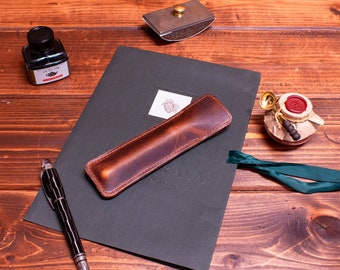 Single Pen Sleeve in Brown Waxy Italian Leather, Matching Pig skin and Matching Stitching