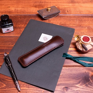 Single Pen Sleeve in Brown Italian Leather, Matching Pig skin and Matching Stitching